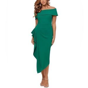 NWT Betsy & Adam A24748 Kortney" SCUBA CREPE OFF THE SHOULDER RUFFLE MIDI DRESS